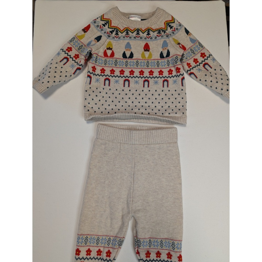 Hanna Andersson Kids Gnome Fair Isle Knit‎ Sweater and Pants Set Oatmeal 6-12M